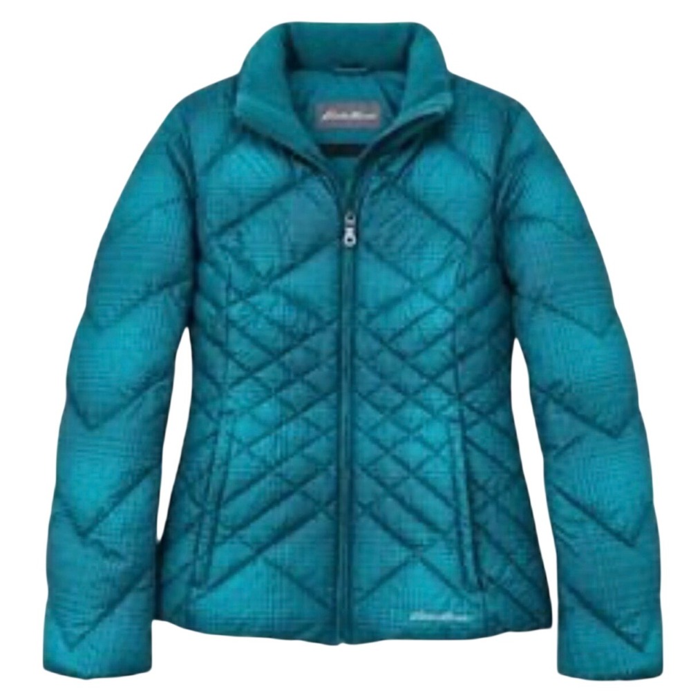 Eddie Bauer Women Teal Plaid Down Puffer Jacket Quilted Full Zip TM Excellent